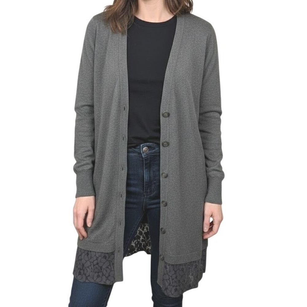 Soft Surroundings Gray Lace Trim Longline Cardigan Sweater Size M Style 29731